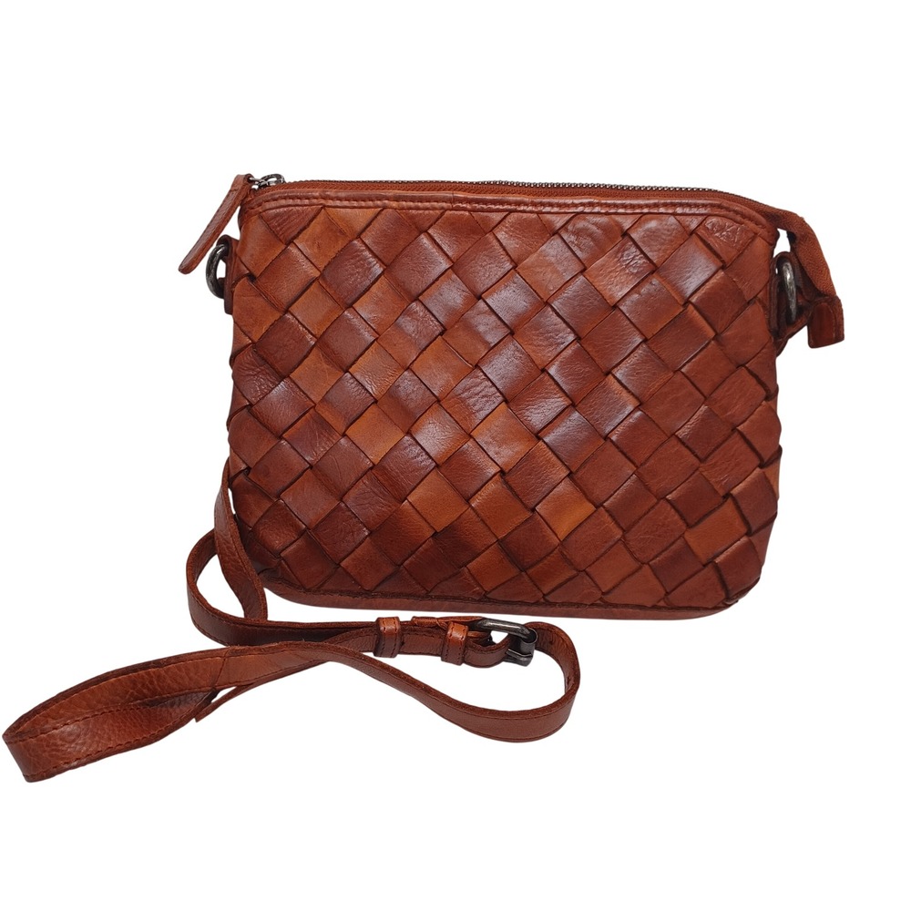 Vilenca Holland Woven Leather Crossbody Bag Cognac Brown Woven Classic